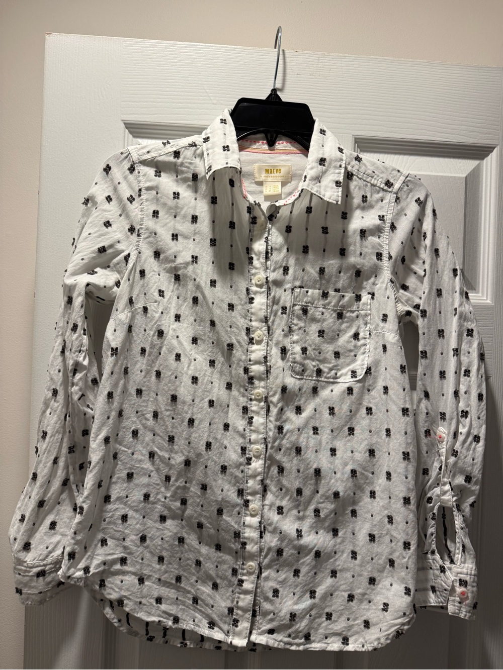 Anthropologie White Button-Down Shirt with Black Dot Print